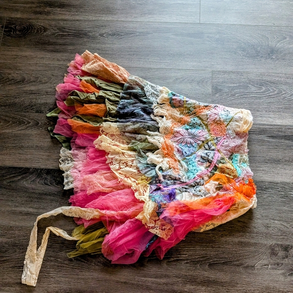 Boho layer multicolor gypsy lace tulle floral embellished knee skirt wrap S M - Picture 5 of 5